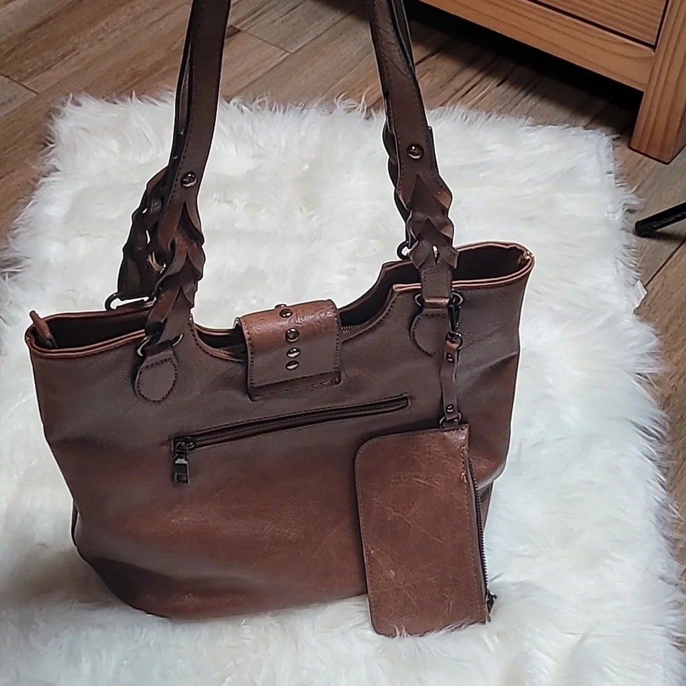 Sam & Hadley Brown Vegan Leather Boho Shoulder Bag Tote Purse